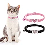 BINGPET Cat Collar Breakaway with Bell, Heart Bling Collar Safety with Soft Velvet Adjustable for Kittens, 2 Pack