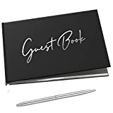 Merry Expressions Black Guest Book & Pen – 9"x7" Hardcover 100 Page/50 Sheets – Silver Foil Gilded Edges for Guests & Visitors to Sign at a Wedding, Funeral or Memorial, Party, Baby or Bridal Shower