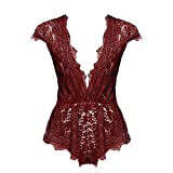 Ruzishun Womens Sexy Lingerie for Women Lace Teddy Lingerie Deep V Open Plus Size Nightgown (Wine Red,L)