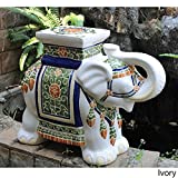 Oriental-themed Large Ivory White Porcelain Elephant Garden Stool Accent Statue with Painted Multicolored Glaze Finish