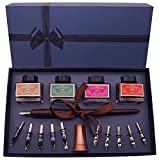 Plotube Calligraphy Pen Set – Includes Wooden Dip Pen, Antique Brass Holder, 11 Nibs, 4 Ink Bottle and Beginner's Manual