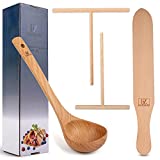 Crepe Spreader Spatula and Ladle Kit - Large and Medium Beachwood Versatile Pancake Tool 3 Recipes Included-Convenient Size for Nonstick Disc Pan Crepe Maker-Lightweight Wooden Flipper-Great Set Gift