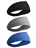 QEBUJA Headbands for Men & Women, 3 PCS Quick Drying Cooling Sport Head Bands for Gym, Elastic Non Slip Sweatband Workout Head Fashion Bands for Boys Girls (Black-Gray-Blue)