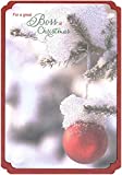 Designer Greetings Snow Covered Red Ornament on Evergreen Branch Boss Christmas Card