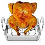 Roasting Pan with Rack, P&P CHEF Beer Can Chicken Roaster 9-inch Stainless Steel Baking pan with Vertical Rack, For Baking Grilling Smoker, Rivet Handle & Thick Wire, Heavy Duty & Dishwasher Safe