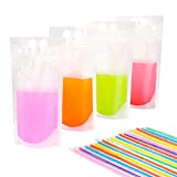 50 PCS Stand-Up Plastic Drink Pouches Bags with 50 Drink Straws, Heavy Duty Hand-Held Translucent Reclosable Ice Drink Pouches Bag, Non-Toxic, for Smoothie, Cold & Hot Drinks