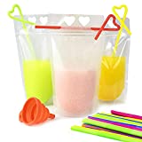 100pcs Drink Pouches Bags Heart Shape Hand-held Drink Pouches with Straws and Silicone Funnel, Up to 17oz