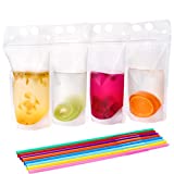 Tomnk 200pcs Clear Drink Pouches Bags Smoothie Bags Reclosable Zipper Heavy Duty Hand-held Translucent Stand-up Plastic Pouches Bags Drinking Bags 2.4 Inches Bottom Gusset with 200pcs Straws