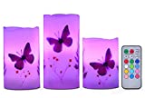 Candles Set of 3 Flameless 4" 5" 6" Unscented Tealight Butterfly Flower Plants Decor Real Wax Pillar Candle LED Lights 12 Color Changing 4H 8H Timer Remote Control AAA Batteries Operated