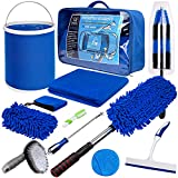 Car Wash Cleaning Tools Kit 12pcs Car Detailing Set with Blue Canvas Bag Collapsible Bucket Wash Mitt Sponge Towels Tire Brush Window Scraper Duster Complete Interior Car Care Kit