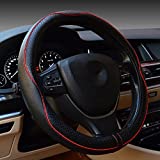 Valleycomfy Universal 15 inch Auto Car Steering Wheel Cover with Black Genuine Leather add Red Lines for X1 X3 X5 335i 535i HRV CRV Accord Corolla Prius,etc