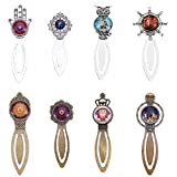 SUNNYCLUE 16Pcs 2 Colors Owl Hamsa Hand Bookmark Pendant Tray Kit Include 8pcs Metal Cabochon Bookmark Blank & 8pcs Oval Round Clear Glass Cabochon, Lead Free & Cadmium Free