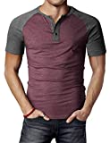 H2H Men Slim Fit Henley Raglan Short Sleeve Contrast Color Block Casual Baseball T-Shirt Burgundy US M/Asia L (CMTTS0222)