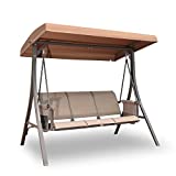 GOLDSUN 3 Person Patio Swing Chair with Storage Pocket Bag Weather Resistant Canopy Heavy Duty Steel Frame Hanging Glider Seating for Outdoor,Balcony,Garden, Porch,Deck and Poolside(Brown)