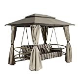 PURPLE LEAF 3 Person Outdoor Patio Porch Swing Gazebo with Netting & Gazebo Curtains, Outdoor gazebos for patios, Daybed is Adjustable, Beige