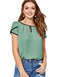 Milumia Women's Chiffon Round Neck Pleated Cap Sleeve Keyhole Blouse Top color: M-Green-2, size: XL