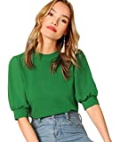 SheIn Women's Puff Sleeve Casual Solid Top Pullover Keyhole Back Blouse Green Medium