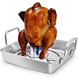 TeamFar Roasting Pan with Beer Can Chicken Holder, Stainless Steel Drip Pan with Vertical Rack Stand for Grill Oven Smoker, Healthy & Heavy Duty, Easy Clean & Dishwasher Safe, (1 Pan + 1 Rack)