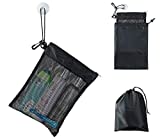 Shower Bag Tote, Mesh Caddy Toiletry Organizer 12”L x 9”W, Compact and Lightweight With Suction Cup, Cord for Hanging, Zipper and Drawstring Pouch 14”L x 10”W, Black