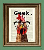 The Chicken Geek In Black Glasses Illustration Beautifully Upcycled Dictionary Page Book Art Print