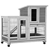 37 Inch Wood Rabbit Hutch Rabbit Cage Bunny Hutch Rolling Large Bunny Cage Indoor Outdoor Two Story Guinea Pig Hamster Hutch Rabbit House with Wheels