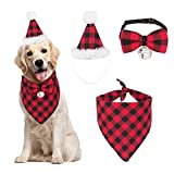 Christmas Dog Bandana Hat Bow tie Set - Classic Plaid Pet Scarf Triangle Bibs Dog Christmas Costume Decoration Accessories for Small Medium Dogs Cats Pets (Red)