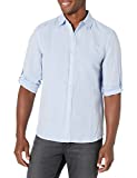 Perry Ellis Men's Roll Sleeve Solid Linen Cotton Button-Down Shirt (Size Small-XX-Large), Colony Blue, Medium