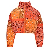 Women Fashion Short Puffer Jackets Bandana Printed Cropped Down Jackets Lightweight Zipper Bubble Coats (Orange, XL)