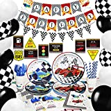 NAIWOXI Race Car Birthday Party Supplies - Race Car Party Decorations for Boy, Banner Tablecloths Car Party Sign Plates Napkins Cups Balloons Toppers Cutlery Bags Straws Tableware Utensils | Serves 16