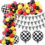 Racing Car Balloon Garland Kit, 126 Pcs Yellow Black Confetti Balloon Arch with 100ft Checkered Flags Banner Checkered Foil Balloons for Let's Go Racing Racing Car Party Decoration