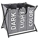 X-cosrack Laundry Hamper Basket with 3 Sections, Thick Cotton & Linen, Mesh Bundle Pocket with Handles for Home, Iron X-Frame with Black Painting, Collapsible, Grey