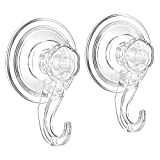 Adhesive Hooks with Suction Cup - Quntis Upgraded Reuseable Nano Adhesive Hooks Heavy Duty Clear Shower Hooks Kitchen Bath Window Wall Hanger for Towel Bathrobe Loofah Sponge Christmas Wreath, 2 Pack