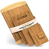 Premium Bamboo Cutting Board [5 Piece Set] With A Bamboo Pan & Board Scraper - Natural Wood Non-Slip Kitchen Chopping Board With Juice Groove & Handles- Cutting Mat For Meat, Veggies & Cheese