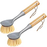 Dish Brush,Cast Iron Brush with Bamboo Handle Built-in Scraper,Scrub Brush for Dishes,Pans,Pots,Kitchen Sink Cleaning,Pack of 2
