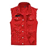 Rock Punk Denim Vest Jacket - Men's Motorcycle Jeans Waistcoat with Metal Rivets Battle Vest ( Red, Tag Size 2XL )