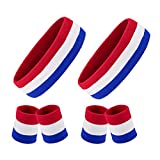 2 Sets Striped Sweatbands Set, 2 Pieces Sports Headband and 4 Pieces Wristbands Sweatbands Colorful Cotton Striped Sweatband Set American Flag Style for Men and Women (Red White and Blue)