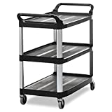 Rubbermaid Commercial Products Heavy Duty 3-Shelf Rolling Service/Utility/Push Cart, 300 lbs. Capacity, Black, for Foodservice/Restaurant/Cleaning (FG409100BLA)