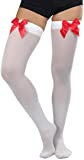 ToBeInStyle Women’s Beautiful Satin Bow Opaque Thigh High Stockings - White With Red Bow