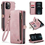 Defencase for iPhone 12 Pro Max Case, iPhone 12 Pro Max Case Wallet for Women, Durable PU Leather Magnetic Flip Lanyard Strap Wristlet Zipper Card Holder Phone Cases for iPhone 12 Pro Max, Rose Pink