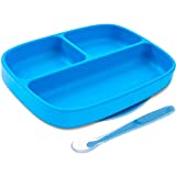 Silikong Suction Plate for Toddlers + Silicone Spoon | Microwave, Dishwasher and Oven Safe | Stay Put Divided Baby Feeding Bowls and Dishes for Kids and Infants