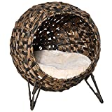 PawHut 20.5" Natural Rattan Cat House, Elevated for Comfort and Circulation, Cushion Included as Animal Bed, Brown