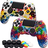 [2 Pack] Skin Cover for Sony PS4/slim/Pro Dualshock 4 Controller , Colorful Silicone Protecte Case Printing Cool, with Pro Thumb Grips x 12