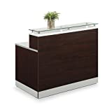 Esquire Glass Top Reception Desk 63"W x 32"D Mahogany Laminate/Silver Laminate Desktop Kickplate and Accents/Glass Top