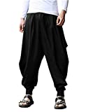 COOFANDY Men Linen Baggy Harem Pant Hippie Pants Yoga Casual Drop Crotch Trouser Black