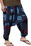 AITFINEISM Mens Cotton Baggy Hippie Boho Gypsy Aladdin Yoga Harem Pants (Large, Red Navy)