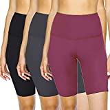 MOREFEEL Biker Shorts for Women-3 Pack Women 8'' High Waisted Yoga Workout Running Stretch Spandex Shorts (Black/Dark Grey/Scarlet, Small-Medium)