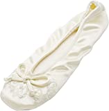 isotoner womens Satin Ballerina Slippers With Embroidered Pearl Ballet Flat, Ivory, 6.5-7.5 US