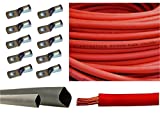 1/0 Gauge 1/0 AWG 20 Feet Red Welding Battery Pure Copper Flexible Cable + 10pcs of 3/8" Tinned Copper Cable Lug Terminal Connectors + 3 Feet Black Heat Shrink Tubing