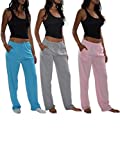Sexy Basics Women's 3 Pack Soft Flex-Cotton Knit Pajama Pants/Lounge Pants/Sleep Pants (3 Pack-Pink/Tahiti Blue/Grey, Large)