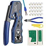 RJ45 Crimp Tool Kit Pass Thru Crimper for Cat5e Cat6 Cat6a 8P8C Modular Connectors, All-in-One Ethernet Crimp Tool and Tester(9V Battery Not Included)